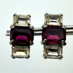 Vintage CORO Purple & Clear Emerald Cut Stud Earrings Silver Tone